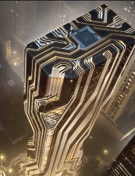 Fintech Tower at night — façade light routed like current