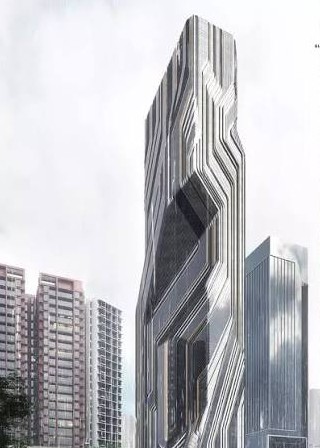 Street-level study of the tower — strata mullions