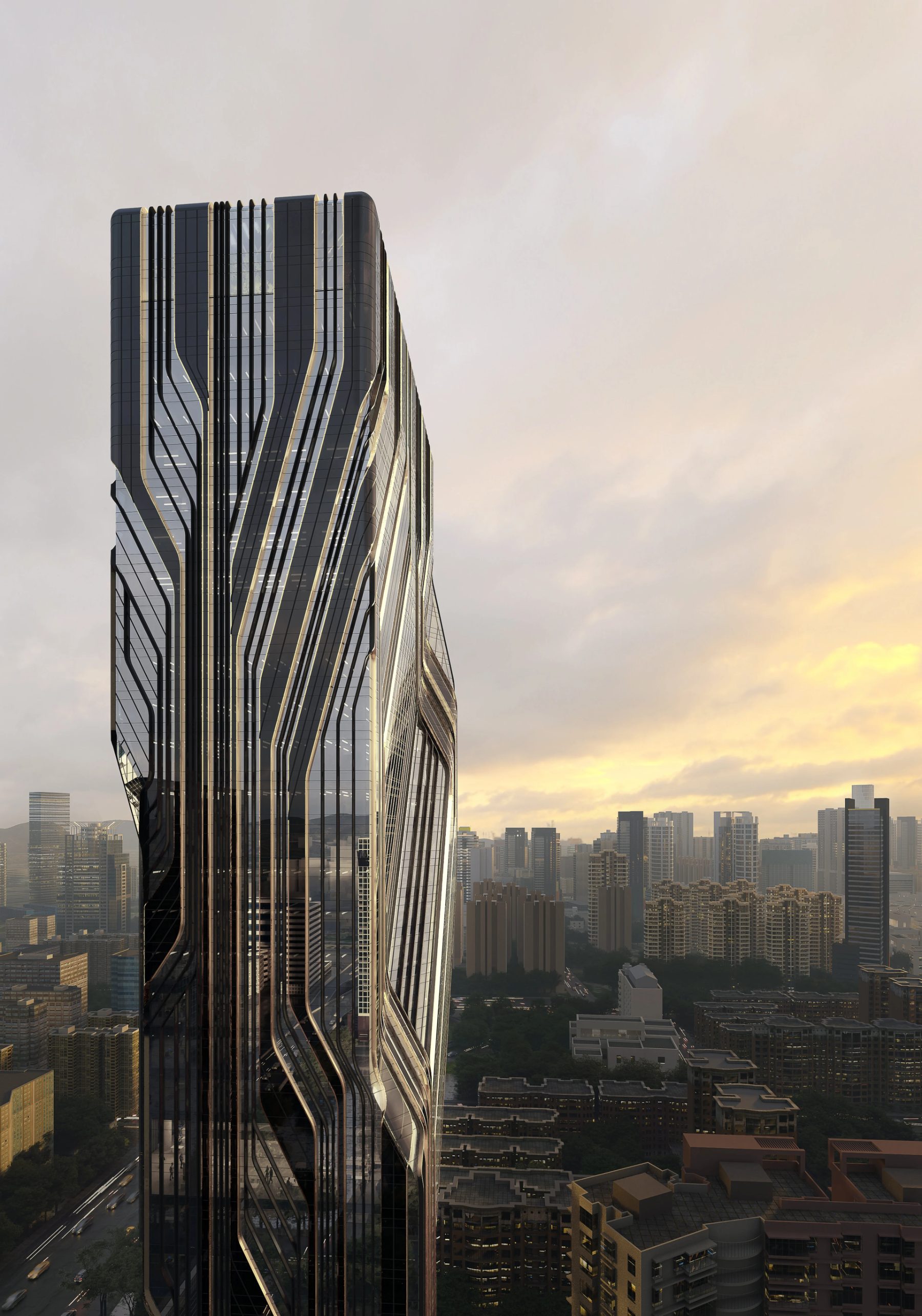 Computational façade — Fintech Tower, Shenzhen, at dusk